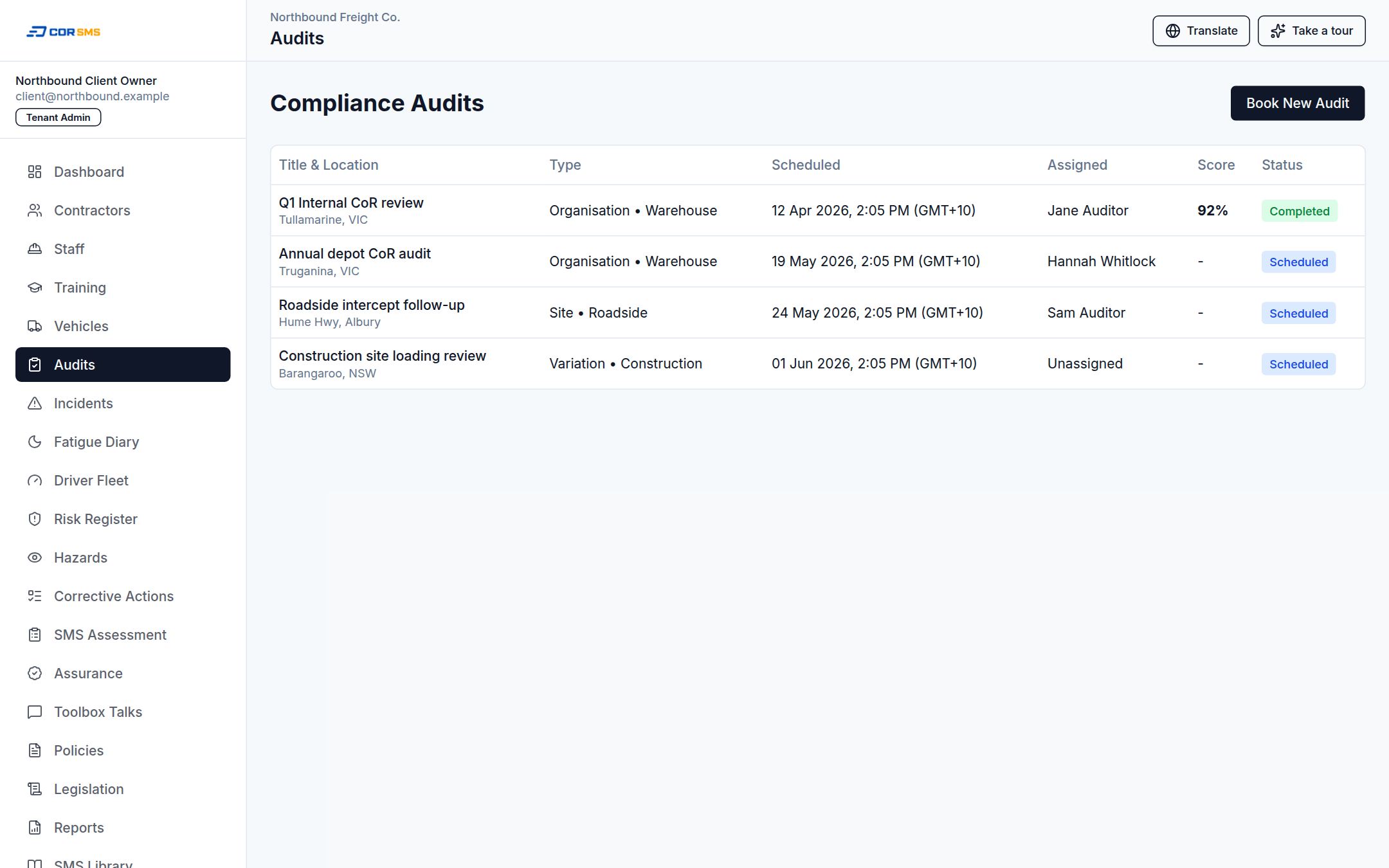 CORSMS audit scheduling and results