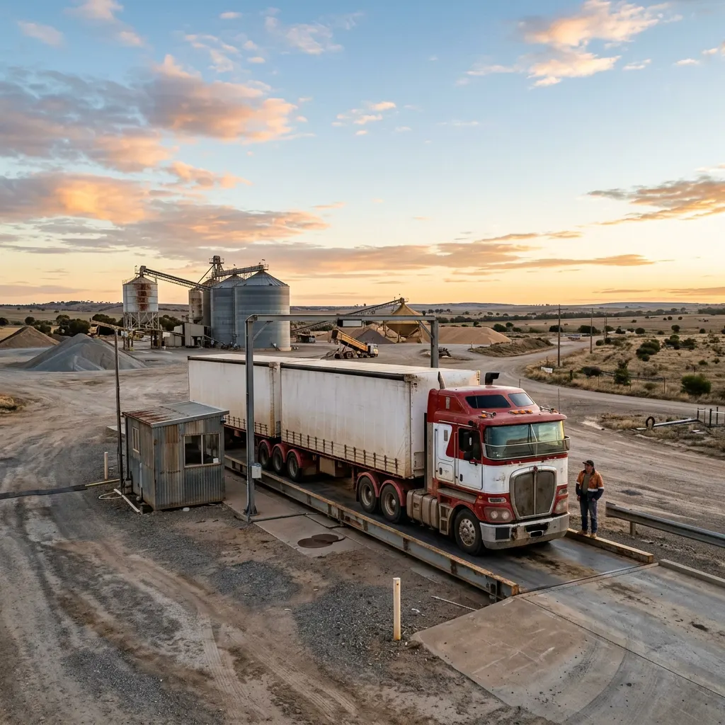 B-double with a cab-over prime mover stopped on an industrial weighbridge under an open early-morning sky