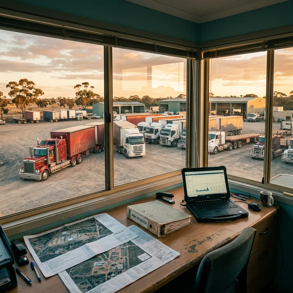 Depot office desk with site plans, a risk register binder and laptop, overlooking a yard of prime movers and curtainsider trailers