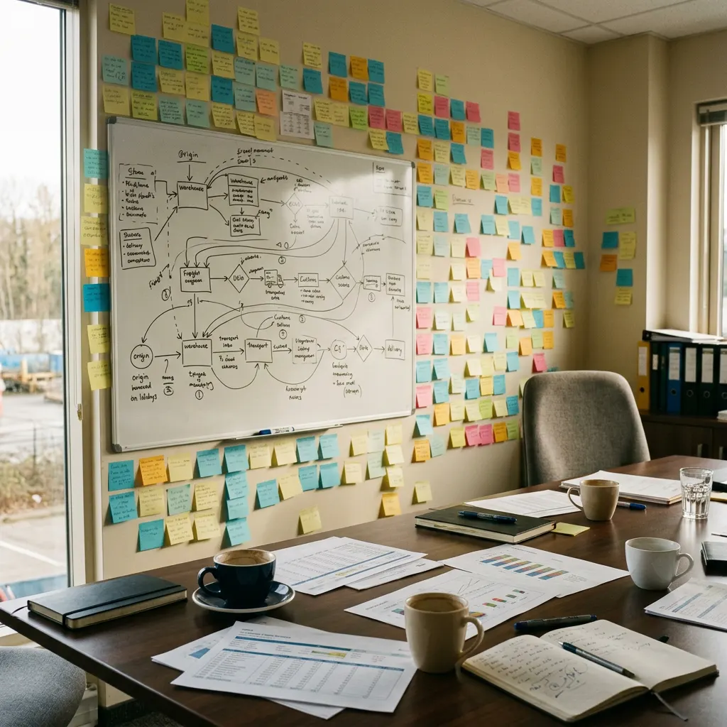 Meeting room whiteboard with a hand-drawn freight process flow and sticky notes used for transport activity mapping