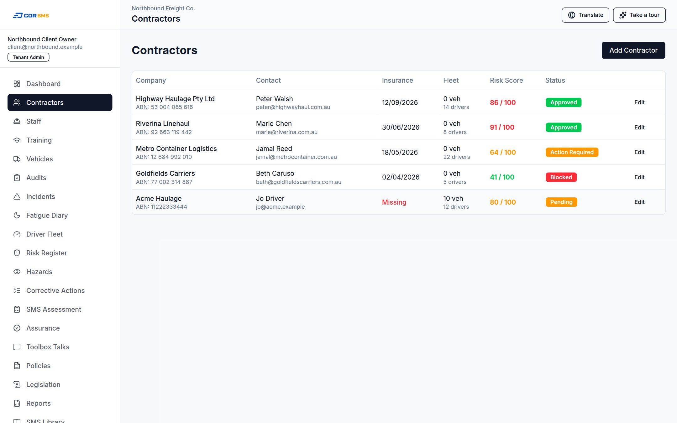 CORSMS contractor register and compliance tracking