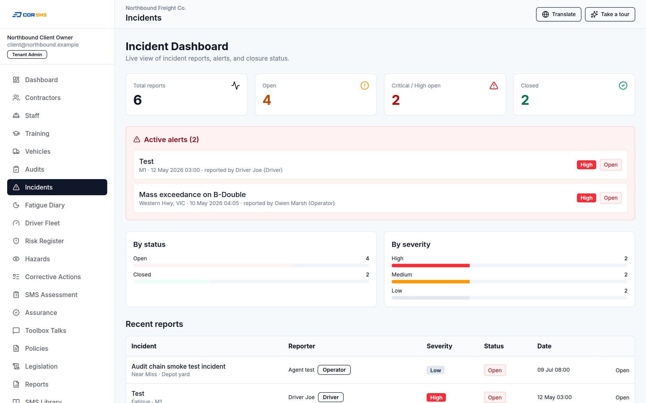 CORSMS incident dashboard and investigations