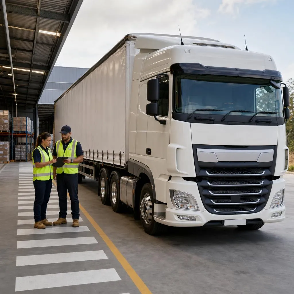 Logistics staff reviewing a safety checklist beside a stationary heavy vehicle at a warehouse loading dock