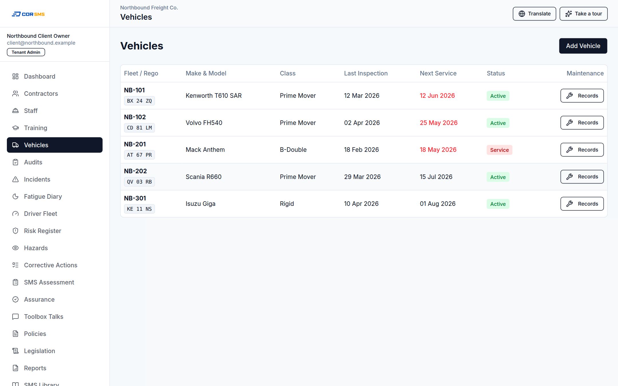 CORSMS vehicle register and maintenance tracking